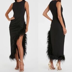 Mac Duggal 11626 | Black Sleeveless Faux Wrap Dress Feather Detail | Women’s 0